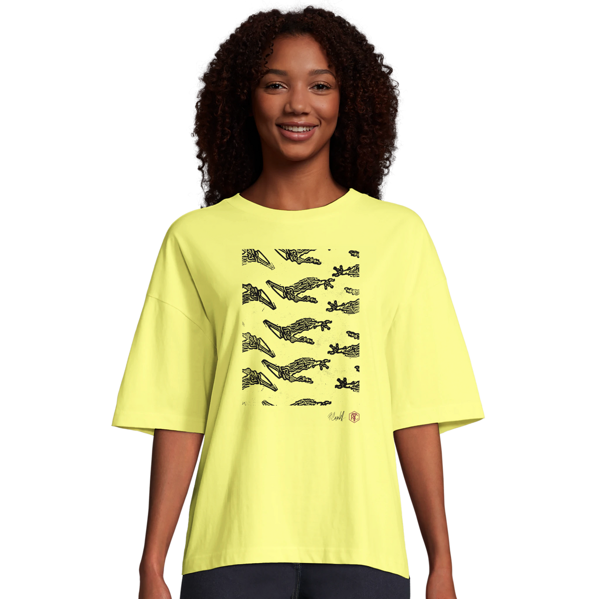 Model wearing T-shirt “Claws”, light yellow, women’s cut – front view