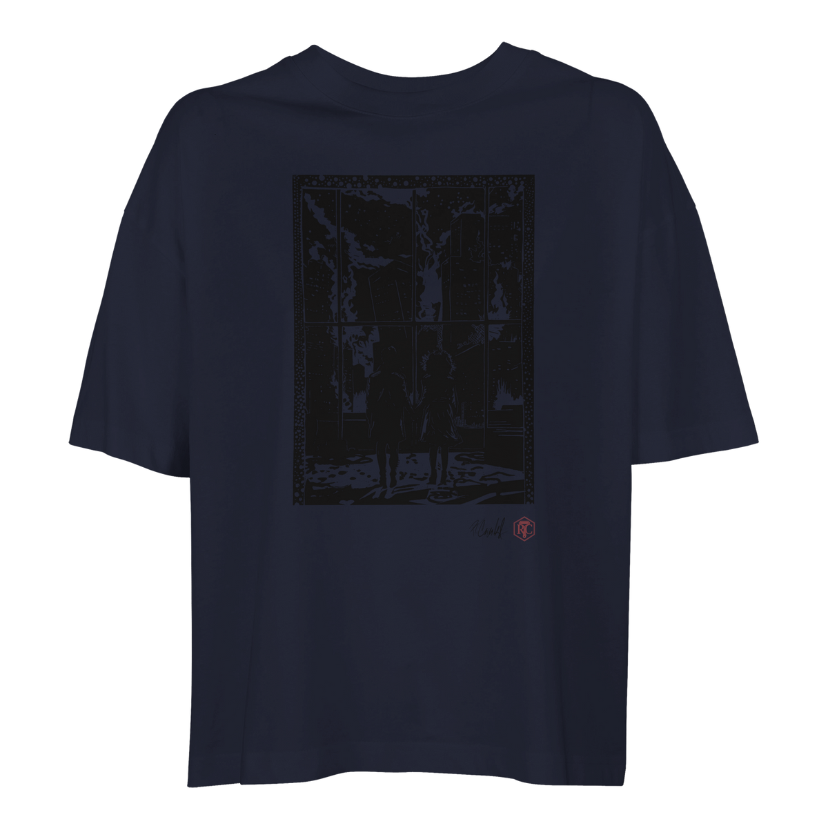 Organic cotton T-shirt with the linocut “The Window” – navy blue, women’s cut