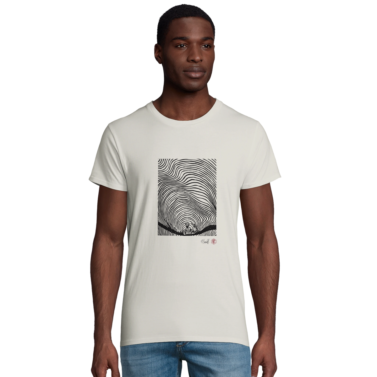 Model wearing T-shirt “Waves”, ash grey, men’s cut – front view