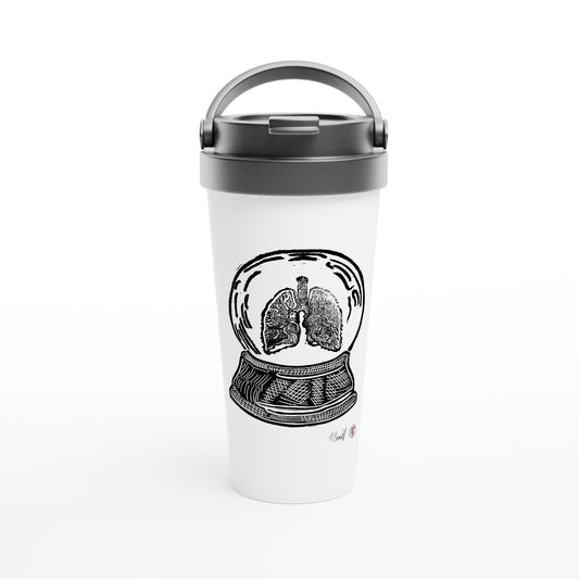 Stainless steel travel mug with the linocut “Snow Globe Lungs” – view 1