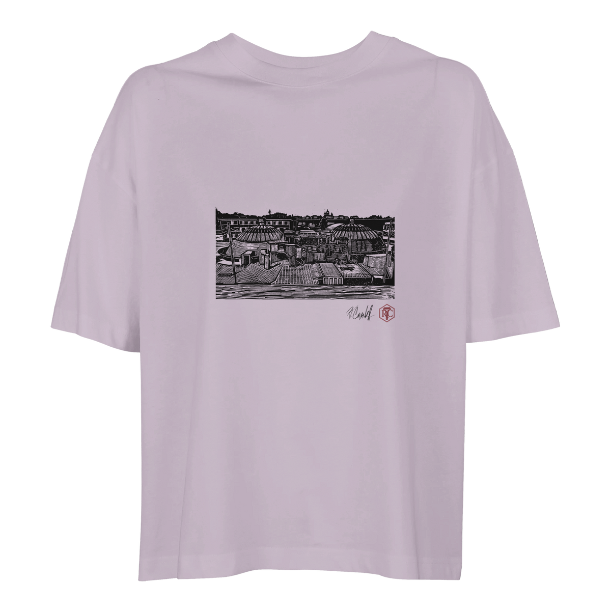 Organic cotton T-shirt with the linocut “The Domes” – lilac, women’s cut