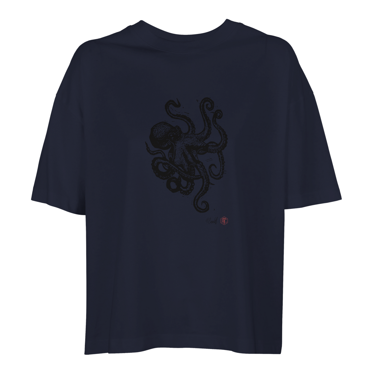 Organic cotton T-shirt with the linocut “Octopus” – navy blue, women’s cut