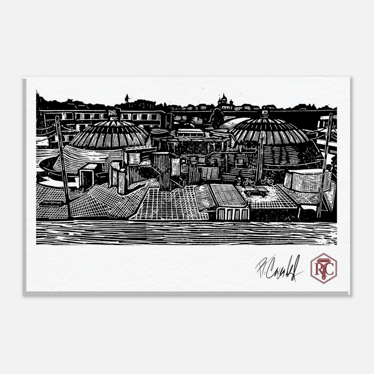 Canvas print 30 × 20 cm with the linocut “The Domes” – front view