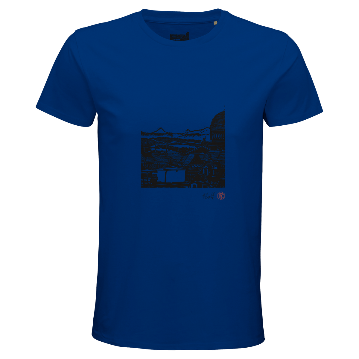Organic cotton T-shirt with the linocut “Above Bern” – royal blue, men’s cut