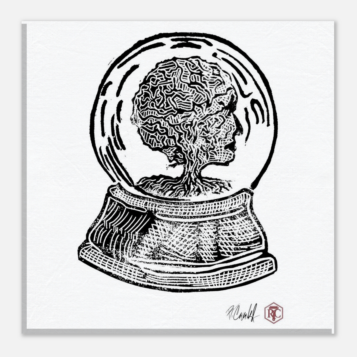 Canvas print 20 × 20 cm with the linocut “Snow Globe Tree” – front view