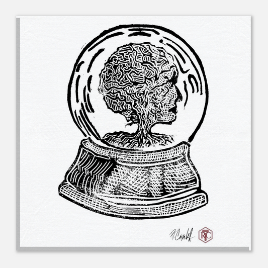 Canvas print 20 × 20 cm with the linocut “Snow Globe Tree” – front view