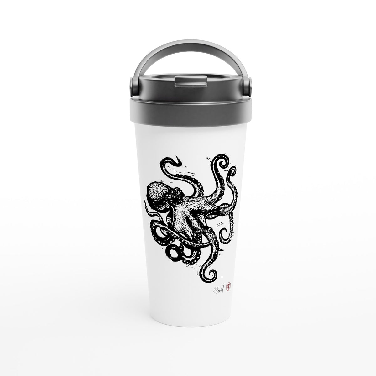 Stainless steel travel mug with the linocut “Octopus” – view 1
