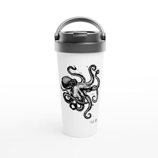 Stainless steel travel mug with the linocut “Octopus” – view 1