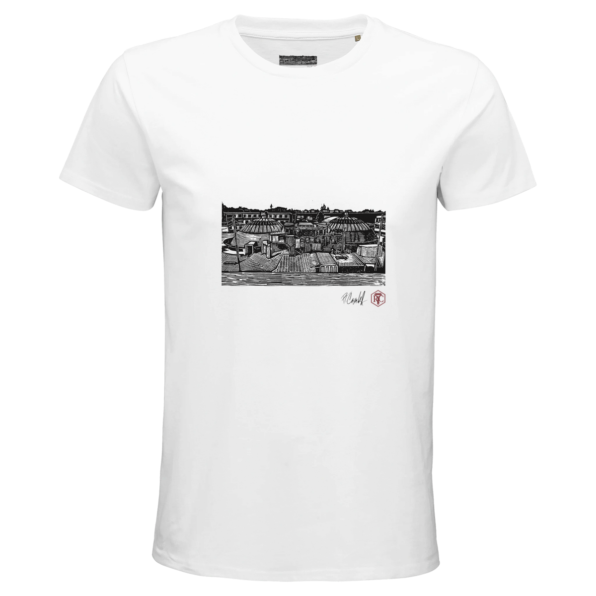 Organic cotton T-shirt with the linocut “The Domes” – white, men’s cut