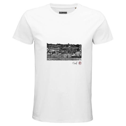 Organic cotton T-shirt with the linocut “The Domes” – white, men’s cut