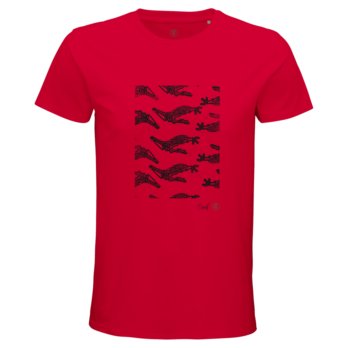 Organic cotton T-shirt with the linocut “Claws” – red, men’s cut