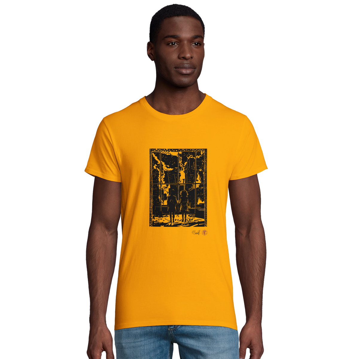 Model wearing T-shirt “The Window”, gold, men’s cut – front view