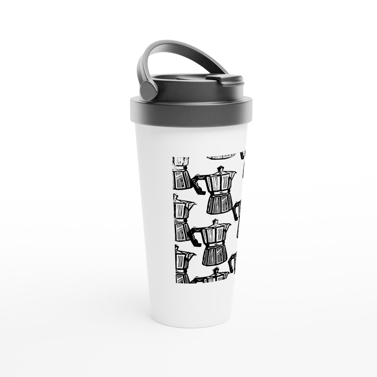 Stainless steel travel mug with the linocut “Moka” – view 2