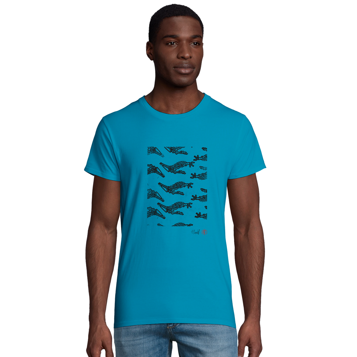 Model wearing T-shirt “Claws”, aqua, men’s cut – front view