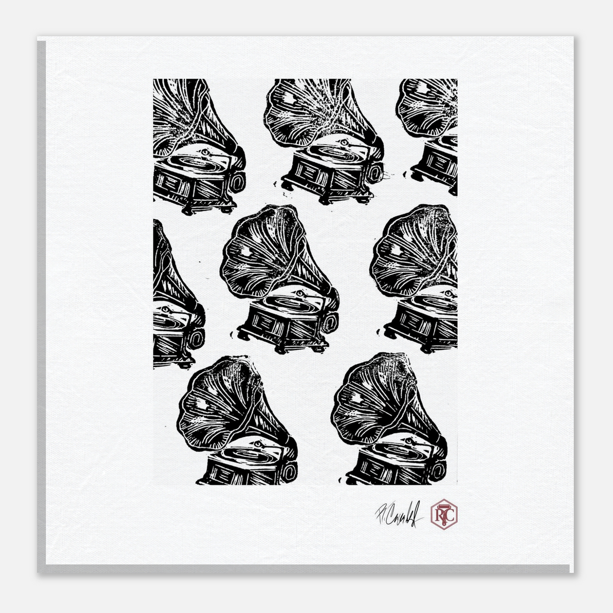Canvas print 20 × 20 cm with the linocut “Gramophones” – front view