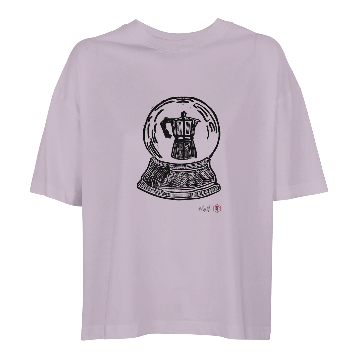Organic cotton T-shirt with the linocut “Snow Globe Moka Pot” – lilac, women’s cut