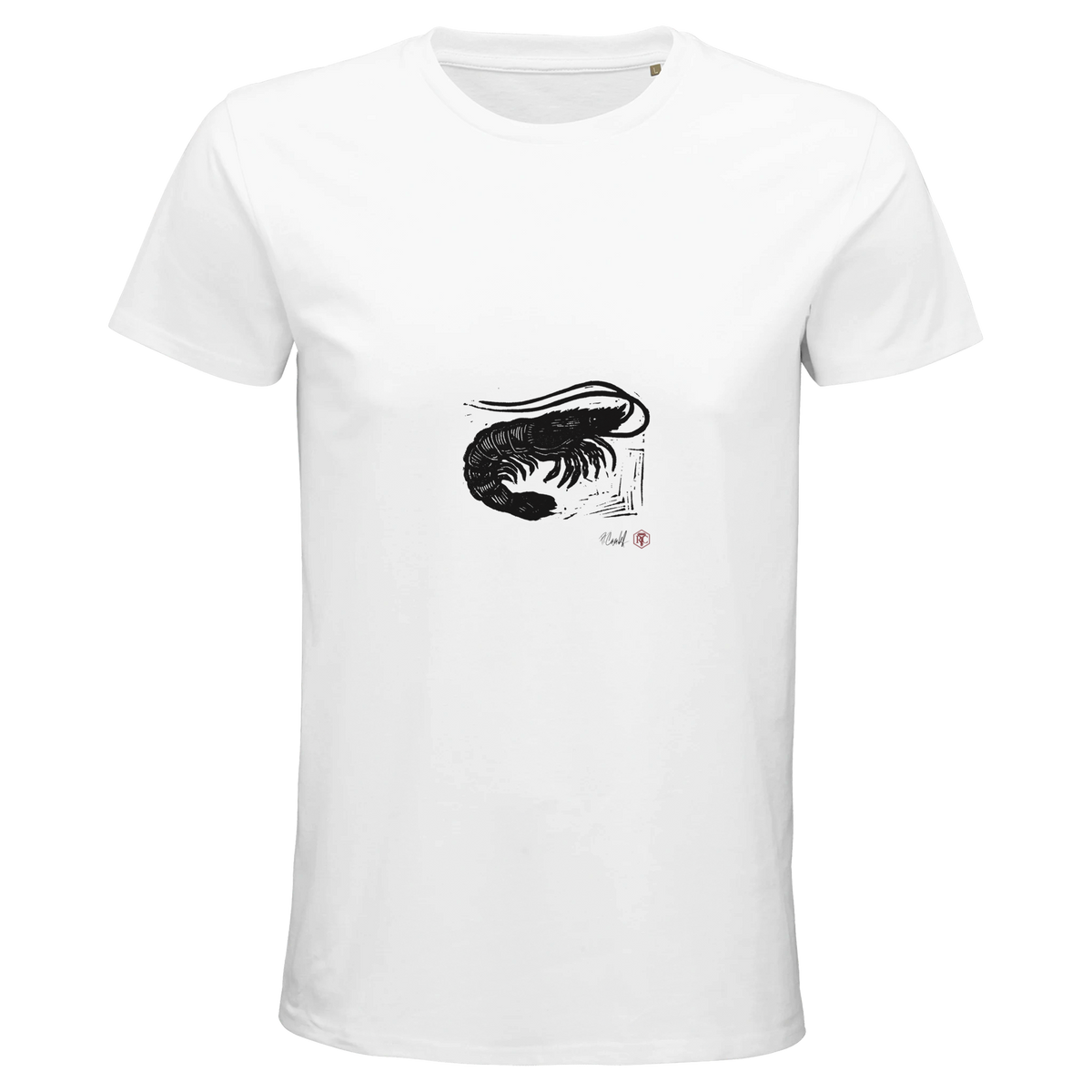 Organic cotton T-shirt with the linocut “Shrimp” – white, men’s cut