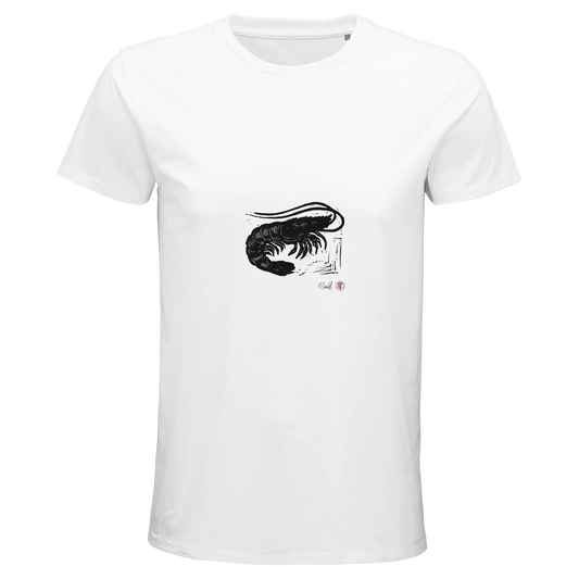 Organic cotton T-shirt with the linocut “Shrimp” – white, men’s cut