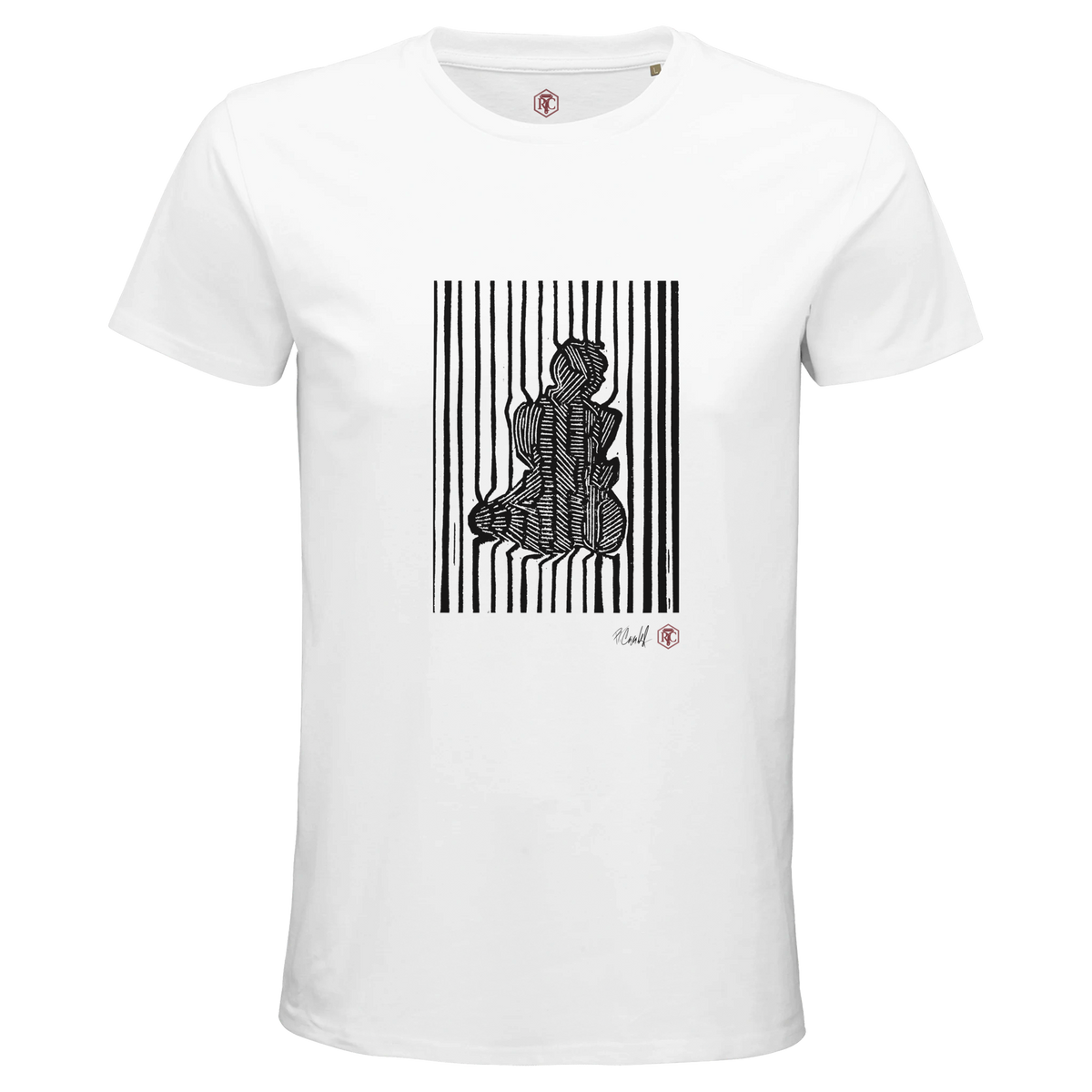 Organic cotton T-shirt with the linocut “Stripes” – white, men’s cut