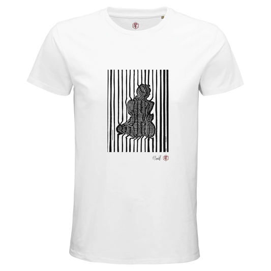 Organic cotton T-shirt with the linocut “Stripes” – white, men’s cut