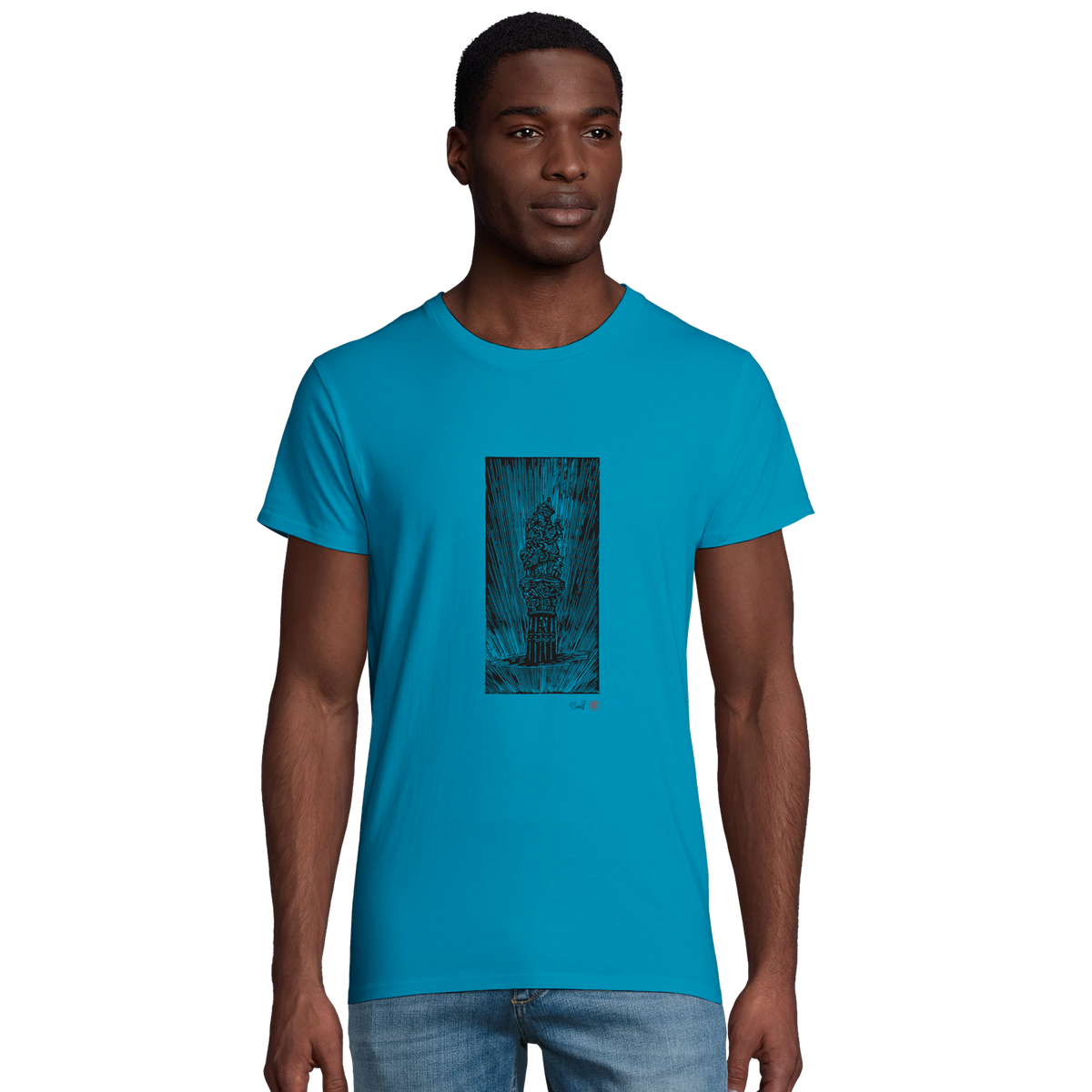 Model wearing T-shirt “The Fountain, Bern”, aqua, men’s cut – front view
