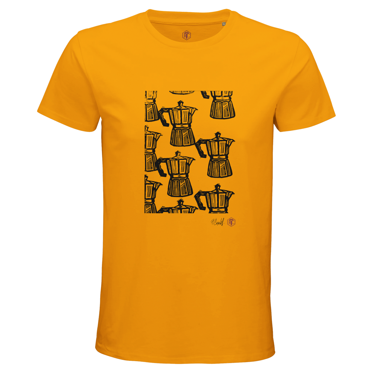 Organic cotton T-shirt with the linocut “Moka” – gold, men’s cut