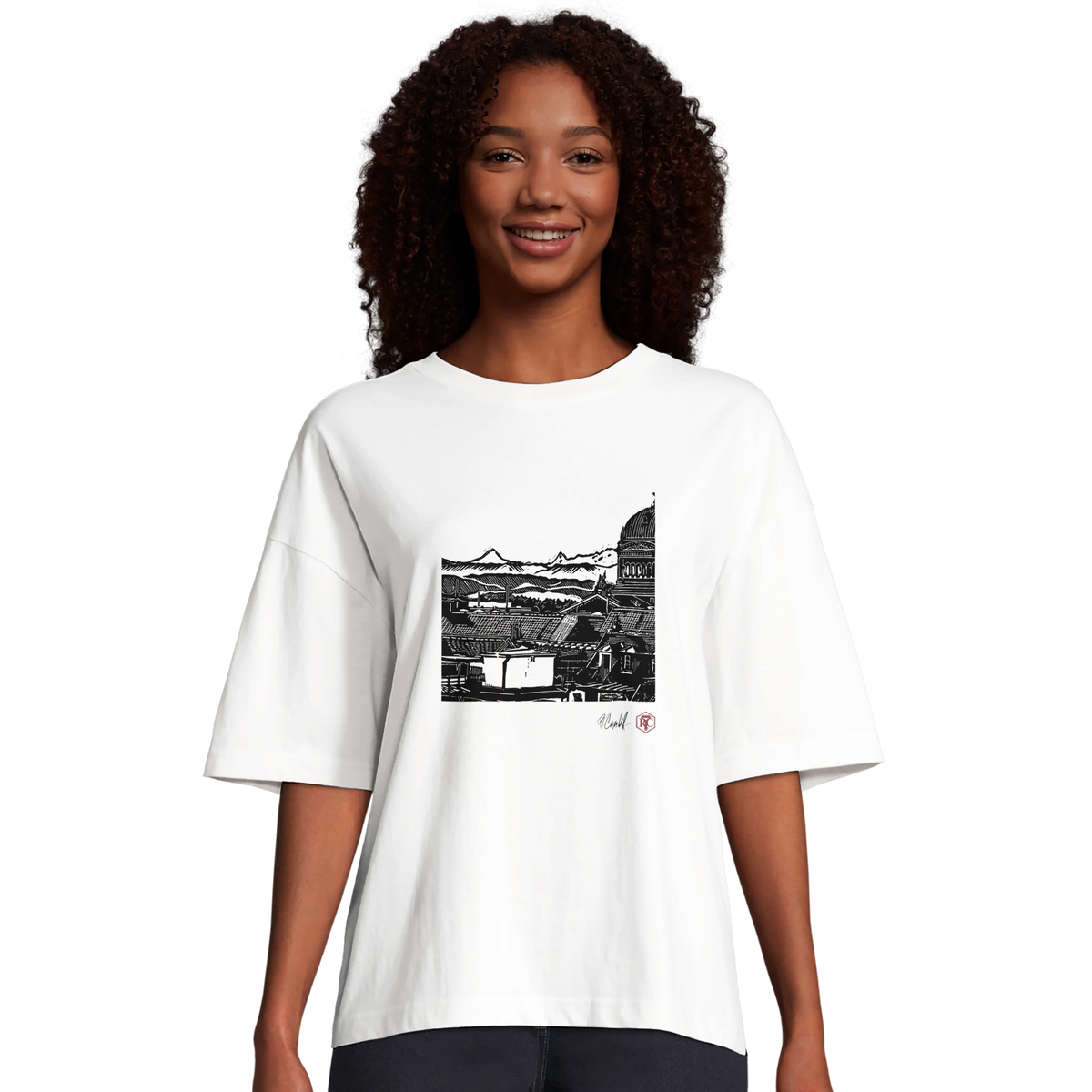 Model wearing T-shirt “Above Bern”, white, women’s cut – front view