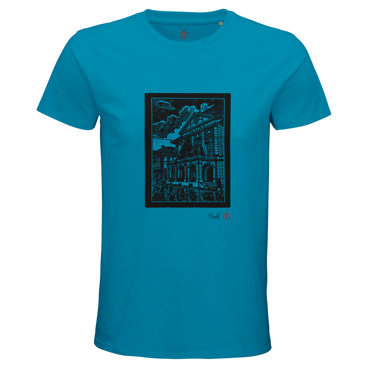 Organic cotton T-shirt with the linocut “Casino Bern” – aqua, men’s cut