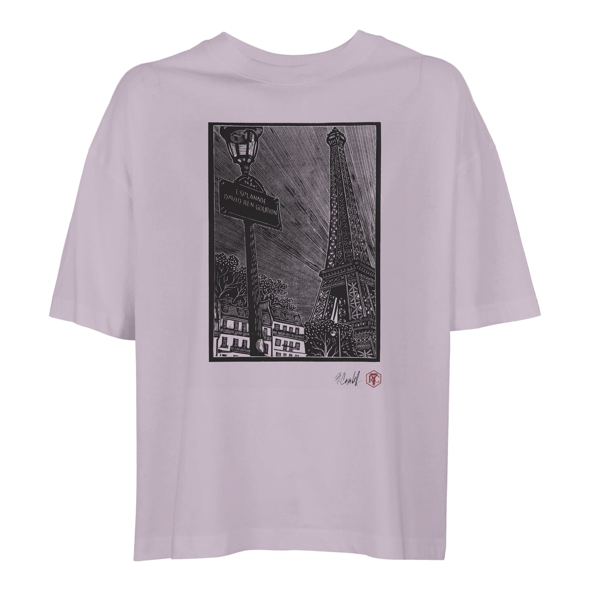 Organic cotton T-shirt with the linocut “Esplanade, Paris” – lilac, women’s cut