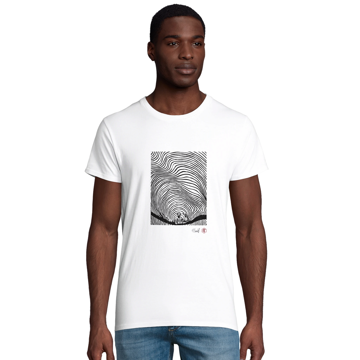 Model wearing T-shirt “Waves”, white, men’s cut – front view