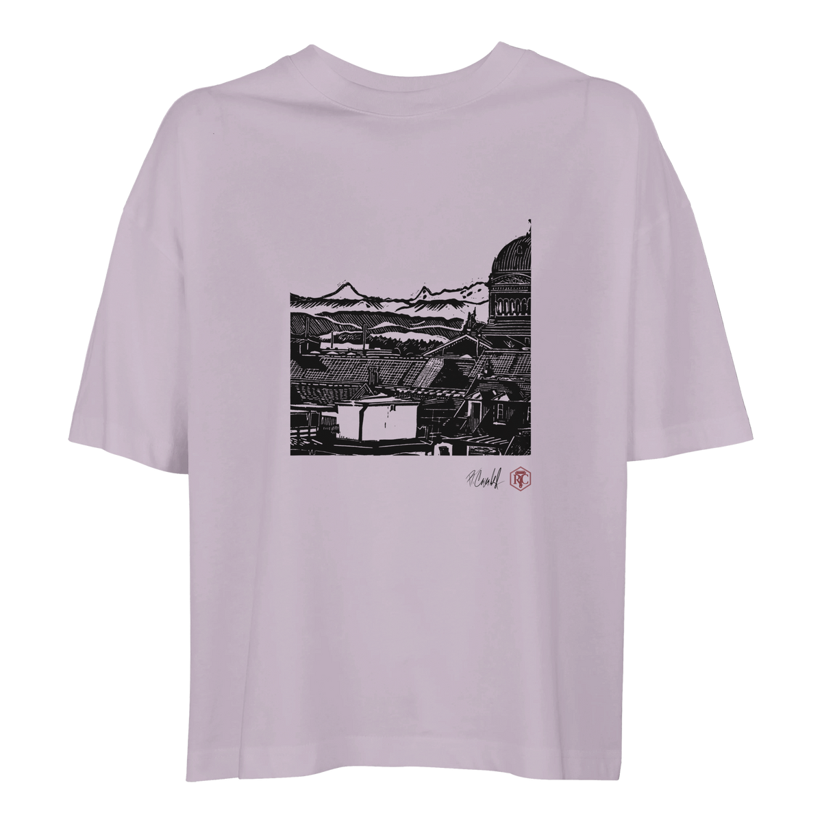 Organic cotton T-shirt with the linocut “Above Bern” – lilac, women’s cut