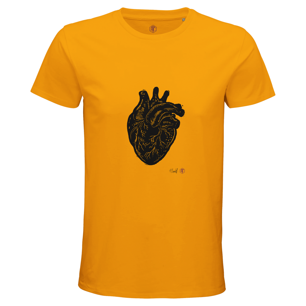 Organic cotton T-shirt with the linocut “Anatomical Heart” – gold, men’s cut