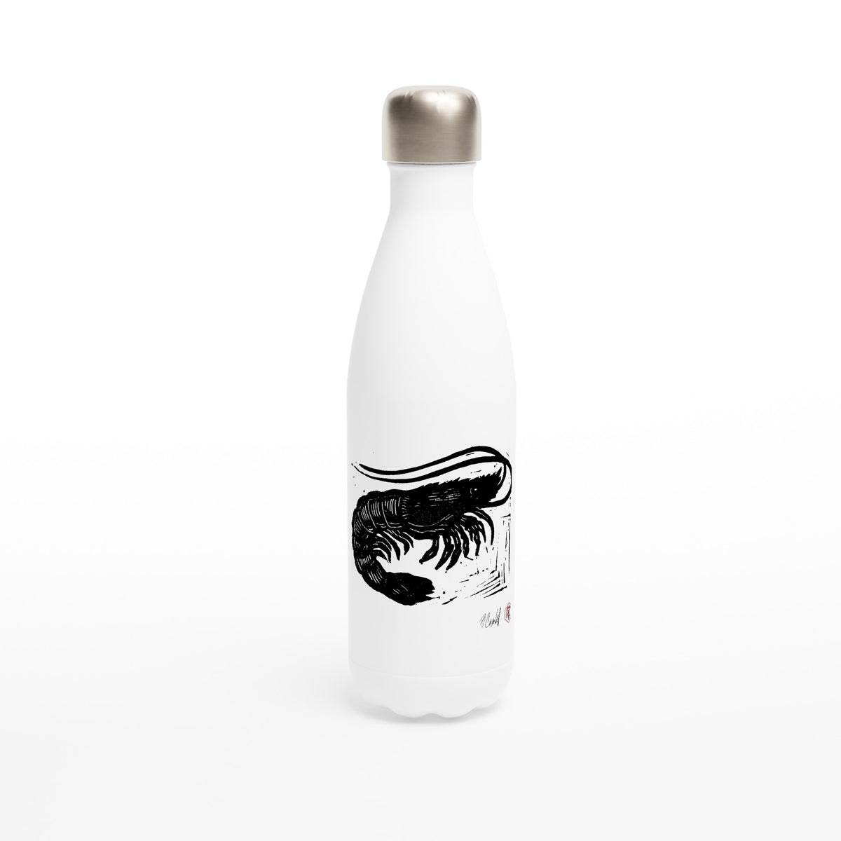 Stainless steel bottle with the linocut “Shrimp” – view 1