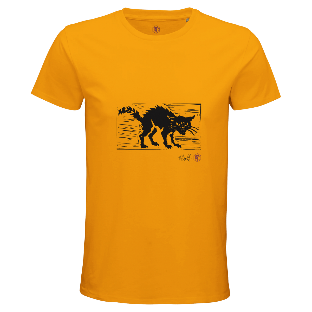Organic cotton T-shirt with the linocut “Cat” – gold, men’s cut