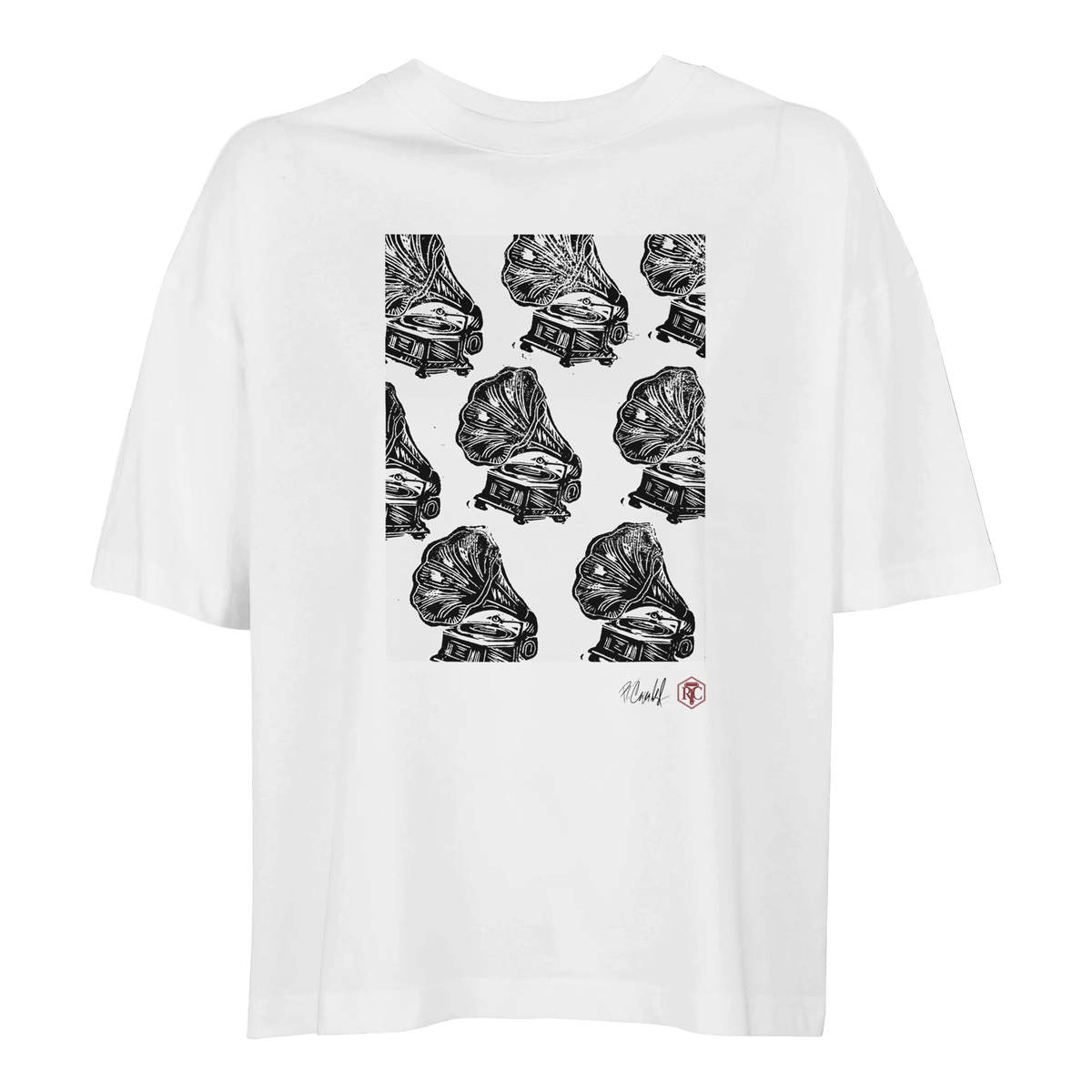 Organic cotton T-shirt with the linocut “Gramophones” – white, women’s cut