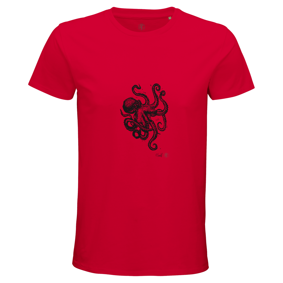 Organic cotton T-shirt with the linocut “Octopus” – red, men’s cut