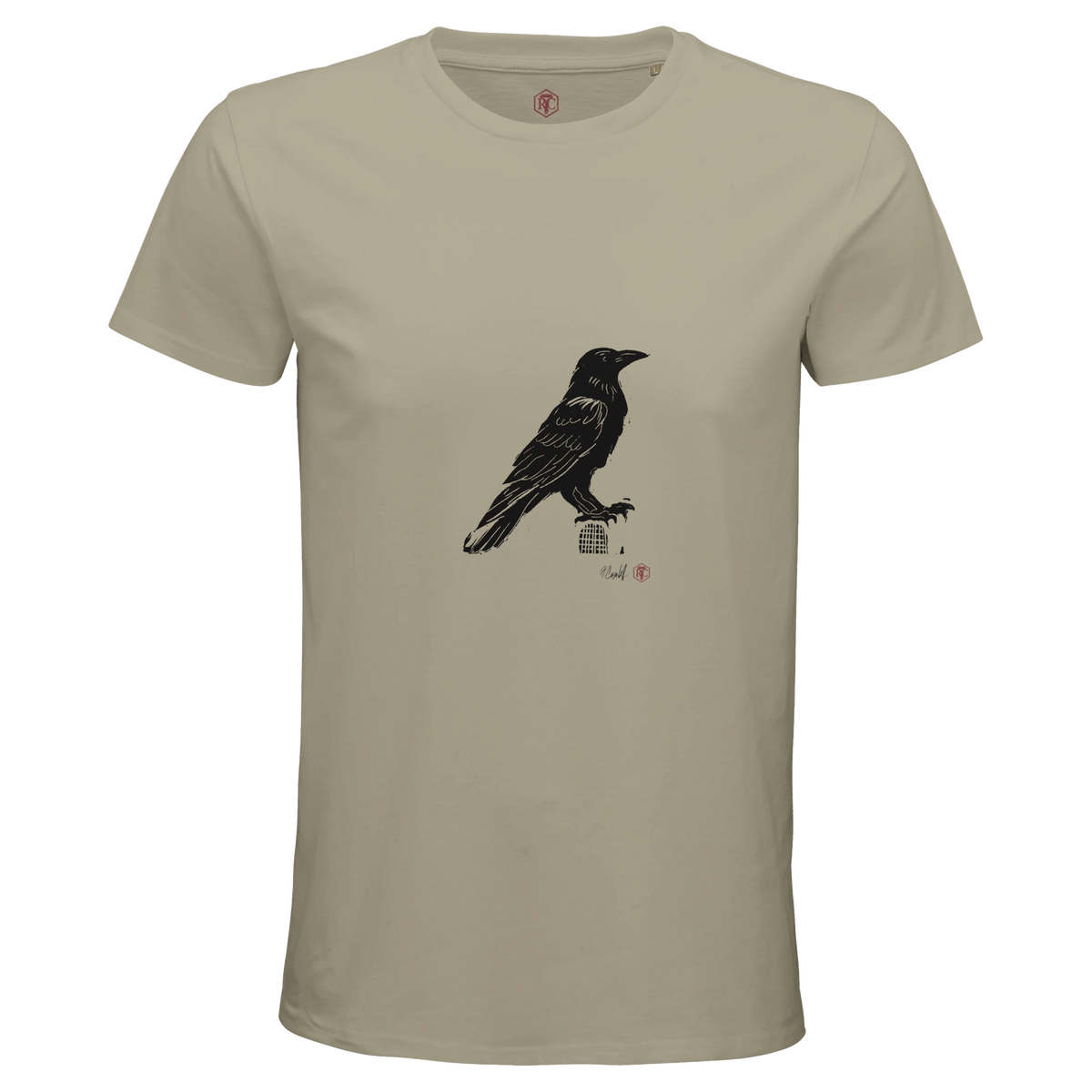 Organic cotton T-shirt with the linocut “Raven” – sand, men’s cut