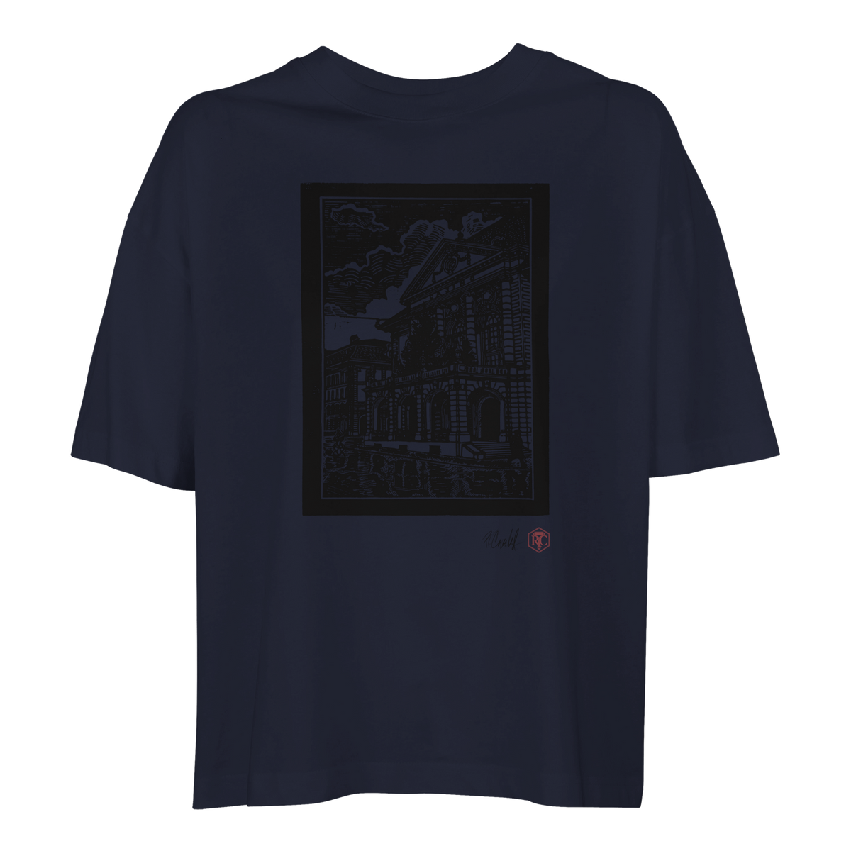 Organic cotton T-shirt with the linocut “Casino Bern” – navy blue, women’s cut