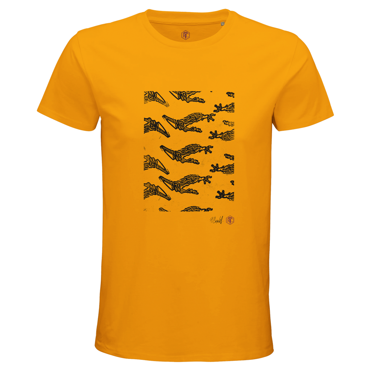 Organic cotton T-shirt with the linocut “Claws” – gold, men’s cut