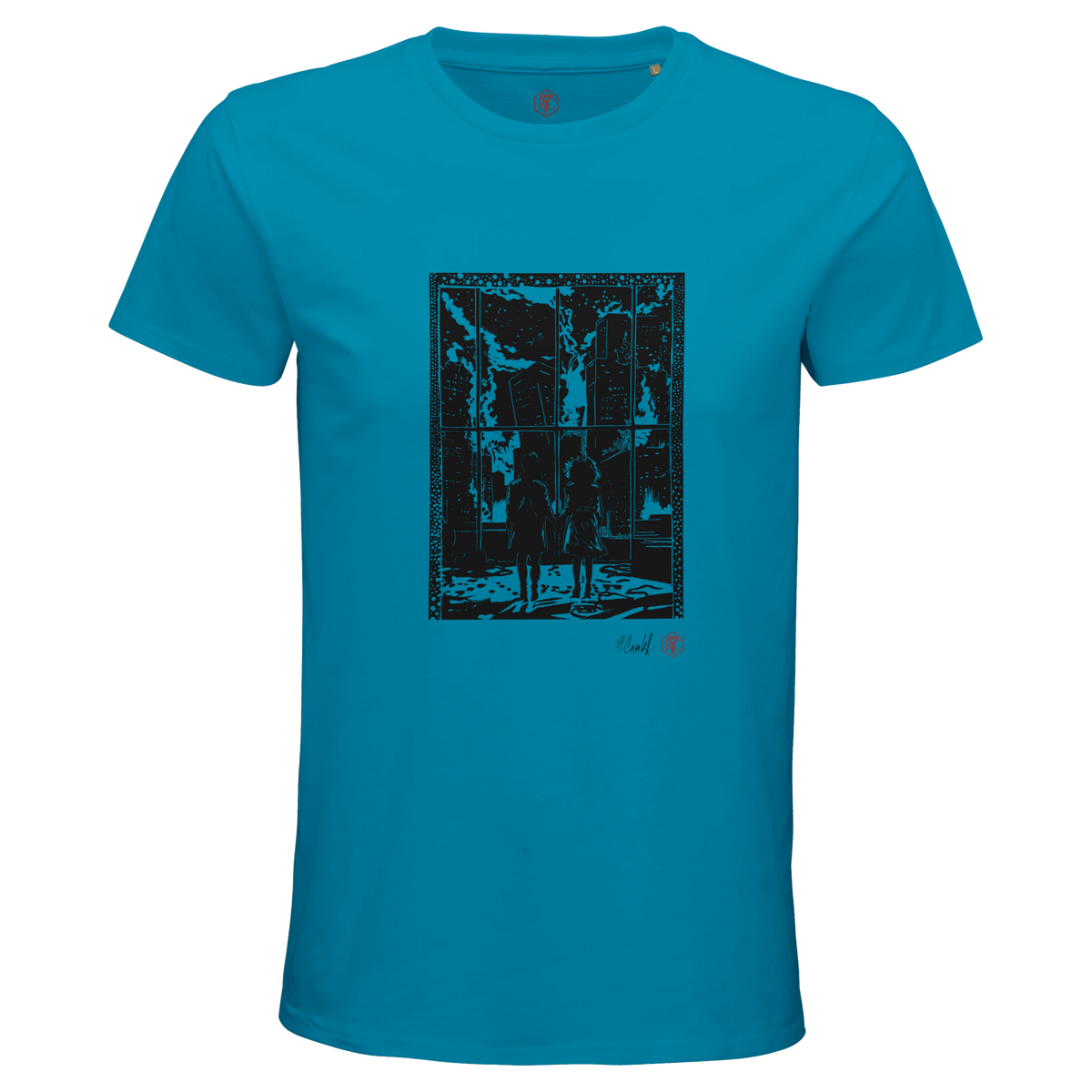 Organic cotton T-shirt with the linocut “The Window” – aqua, men’s cut