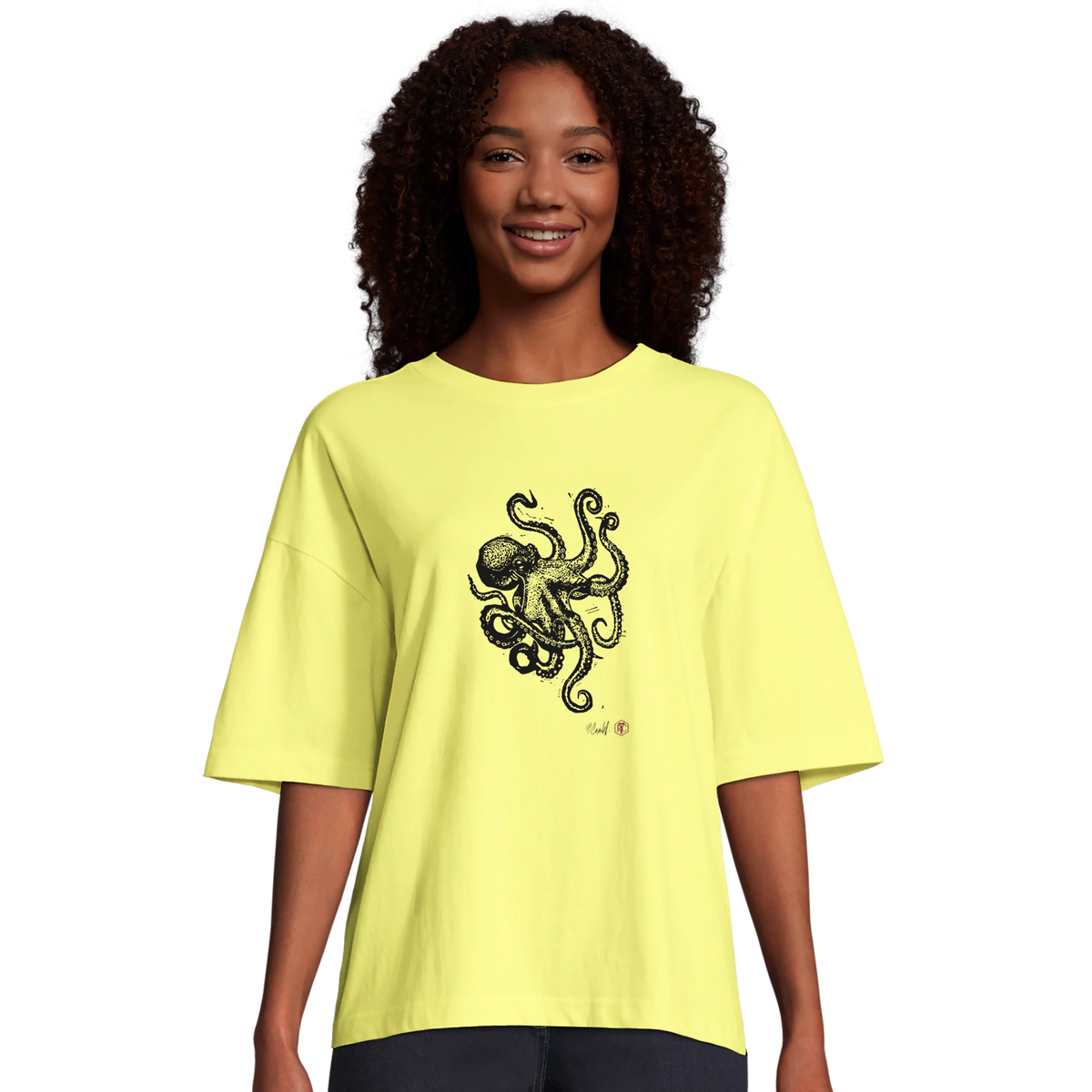Model wearing T-shirt “Octopus”, light yellow, women’s cut – front view