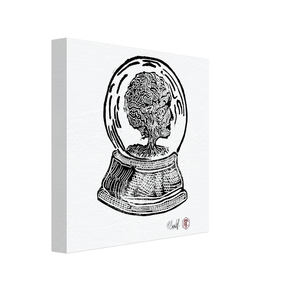 Canvas print 20 × 20 cm with the linocut “Snow Globe Tree” – side view
