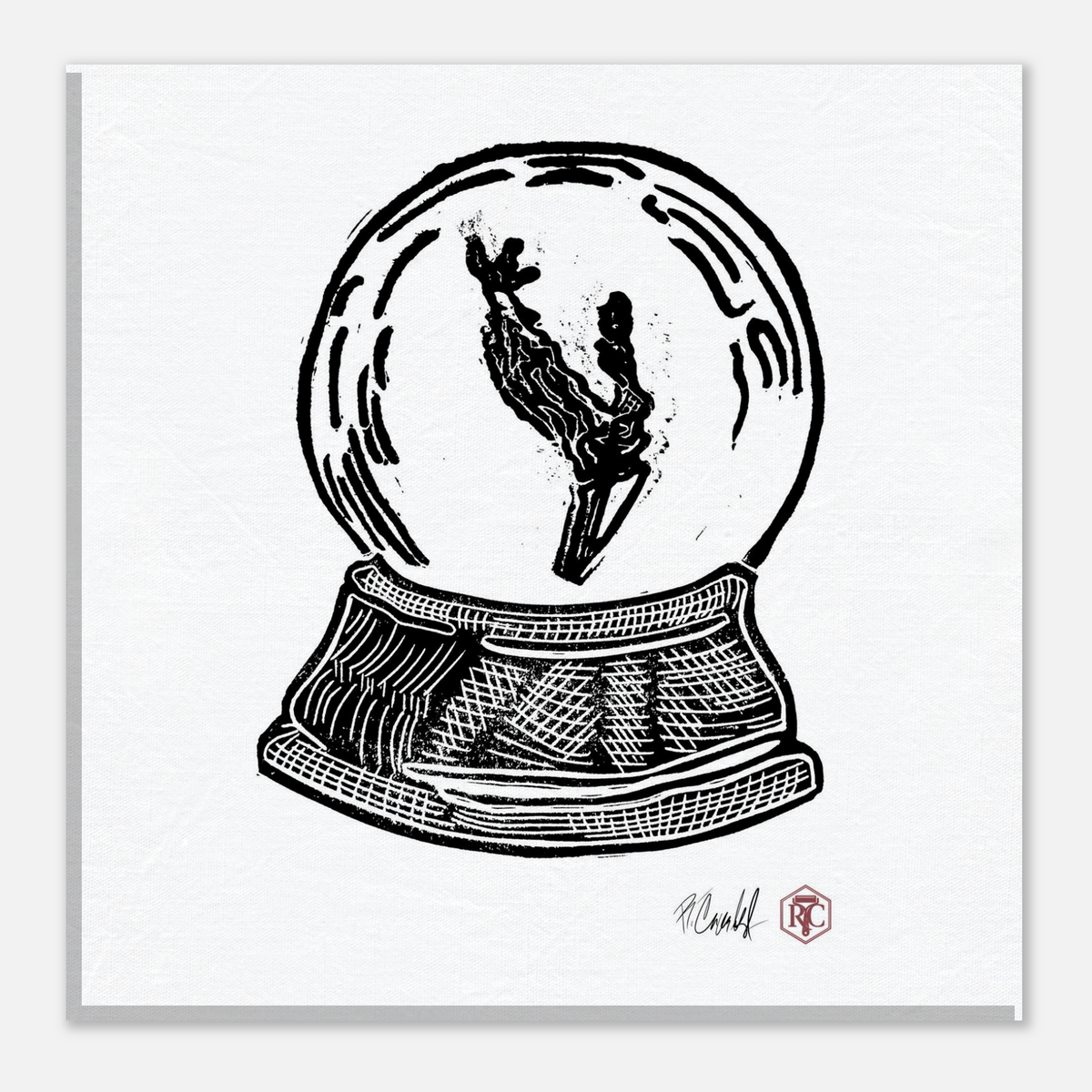 Canvas print 20 × 20 cm with the linocut “Snow Globe Branch” – front view