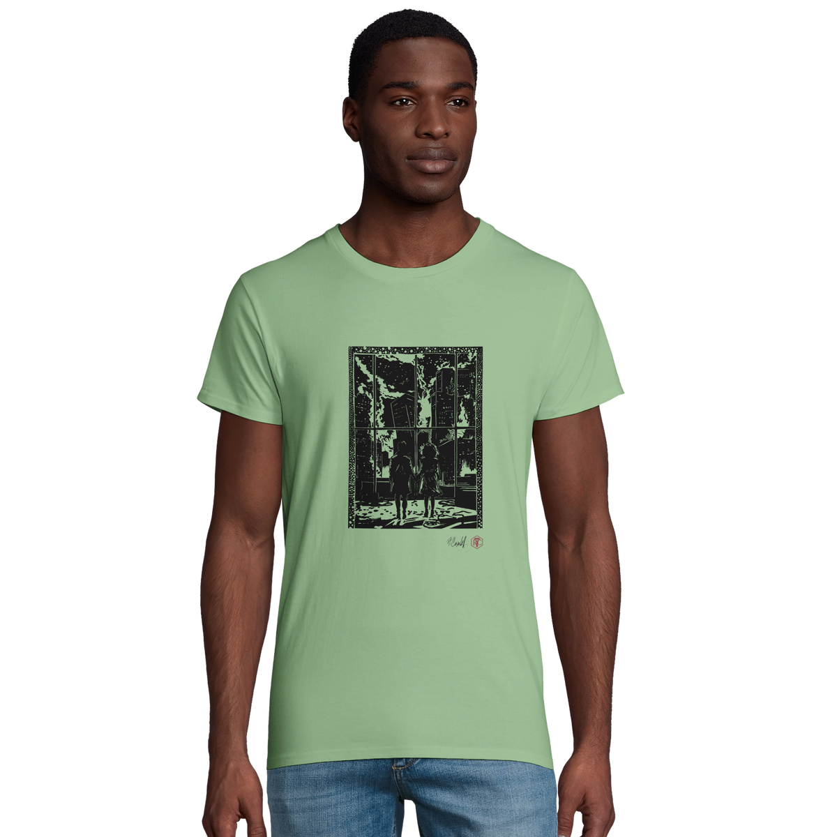Model wearing T-shirt “The Window”, apple green, men’s cut – front view