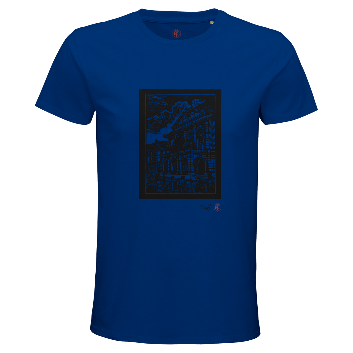 Organic cotton T-shirt with the linocut “Casino Bern” – royal blue, men’s cut
