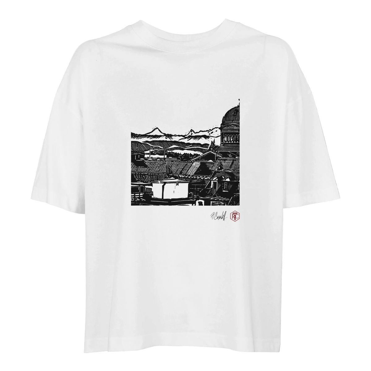 Organic cotton T-shirt with the linocut “Above Bern” – white, women’s cut
