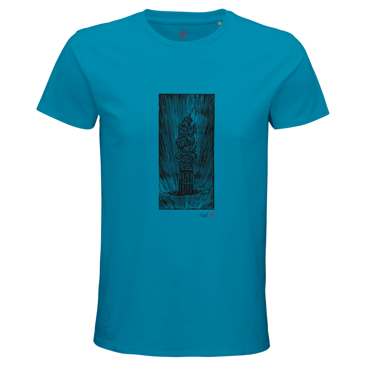 Organic cotton T-shirt with the linocut “The Fountain, Bern” – aqua, men’s cut