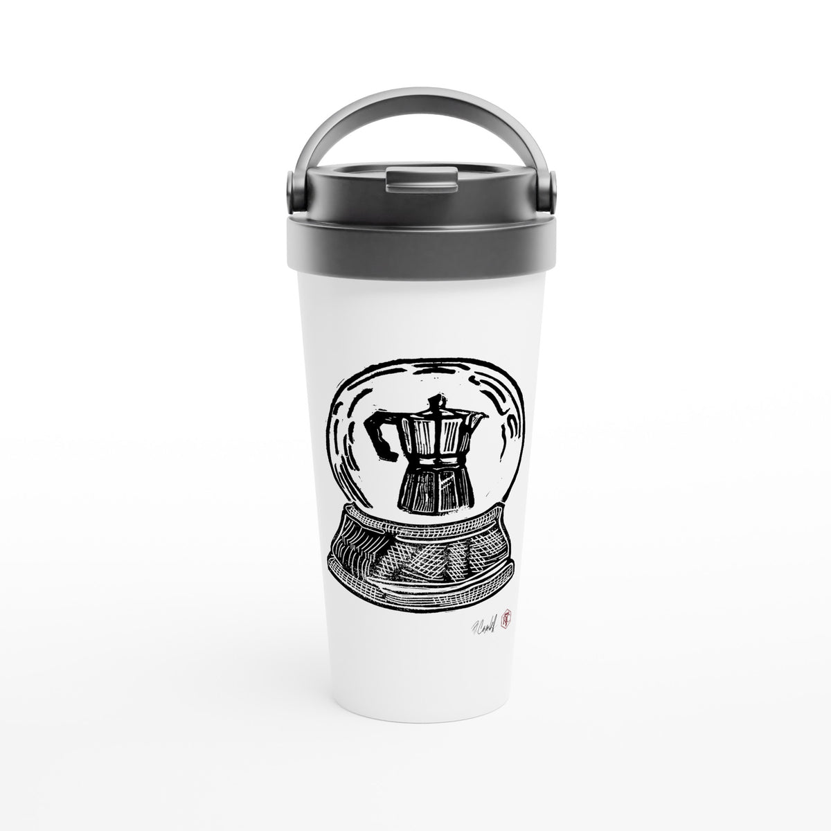 Stainless steel travel mug with the linocut “Snow Globe Moka Pot” – view 1