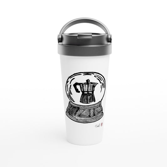 Stainless steel travel mug with the linocut “Snow Globe Moka Pot” – view 1