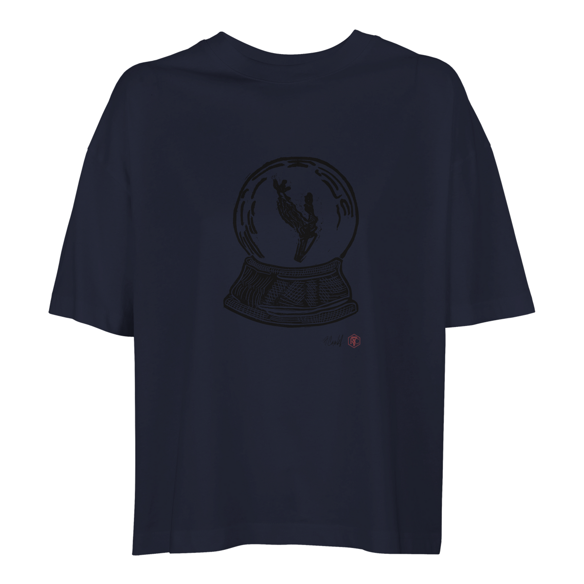Organic cotton T-shirt with the linocut “Snow Globe Branch” – navy blue, women’s cut